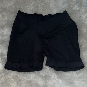 High-Rise Black Bike Shorts with Crossover Waistband